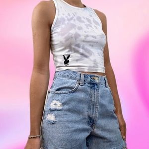 Adorable white &grey Tye Dye Playboy x Missguided Cropped Y2k  tank top